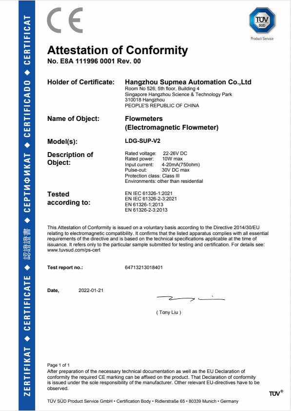 ce magnetic flowmeter tuv